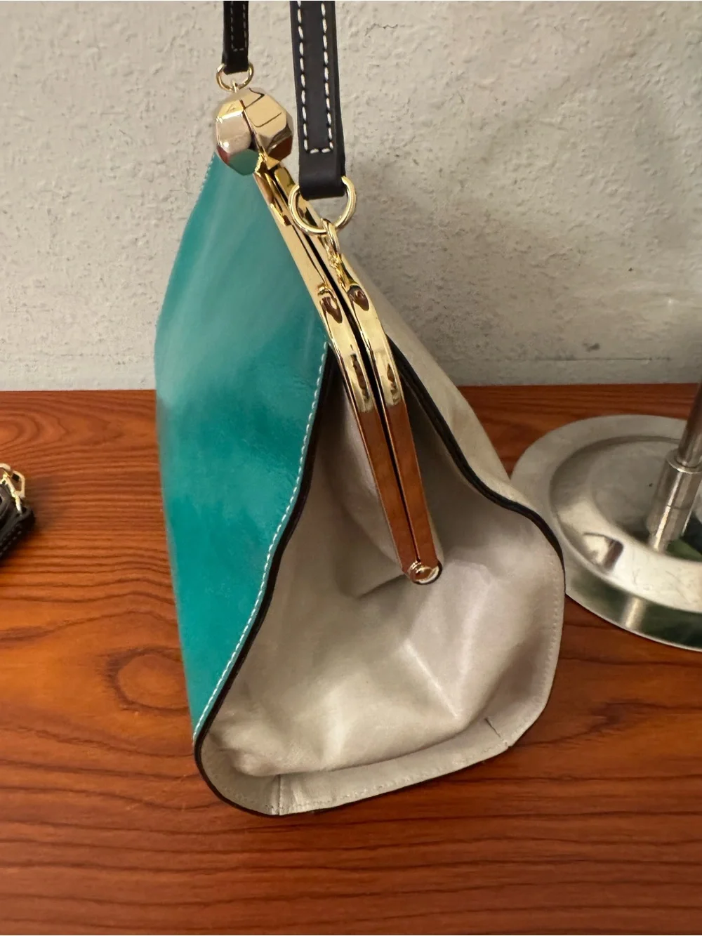 Frances Valentine Teal Leather Frame-Top Shoulder Bag with Black Strap
